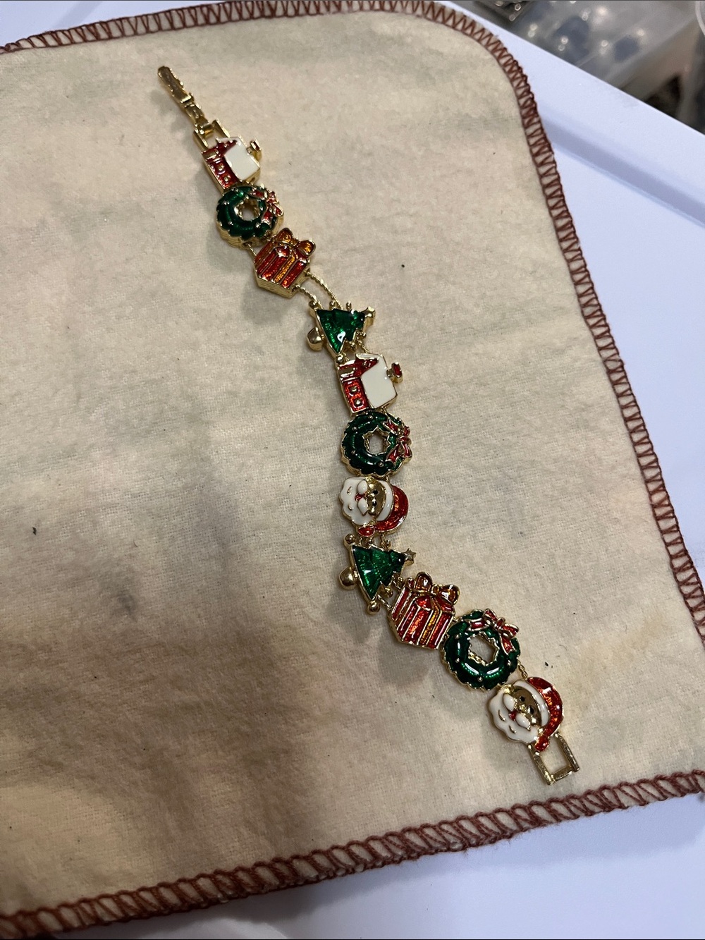 Gold-Tone Festive Charm Bracelet with Green, Red & White Enamel
